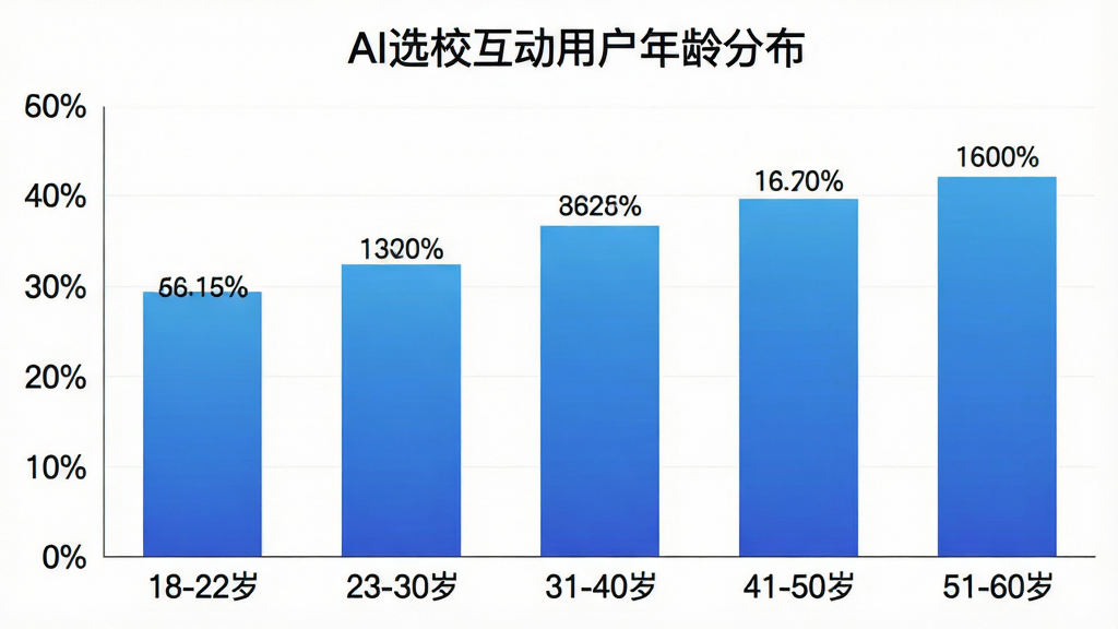 一张横向柱状图,标题为“AI选校互动用户年龄分布”,横轴标注“18-22岁”“23-30岁”“31-40岁”“41-50岁”“51-60岁”,纵轴为百分比,柱体颜色为蓝色渐变,数据标签清晰,整体风格简洁数据化,画质干净无多余装饰