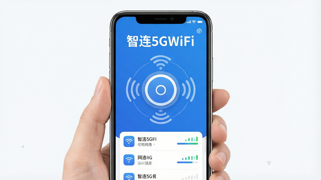 һ��չʾ������5GWiFi��������������ֻ�����ͼ������������һ���ֳ������ֻ�����Ļ��ʾ�������棬��������Ŀ�ġ�����5GWiFi�����ֱ�ʶ������������һ������Բ�����Ӱ�ť����Χ�����Ŵ�����ͬWiFi�źŵĲ���ͼ�꣬�·��б���������ſ����������ƺ��ź�ǿ���������岼������������ִ���ƽ�����ԿƼ����Ͱ�ɫΪ��ɫ����ϸ��Բ�󣬱����ɾ���������ʸ��塣