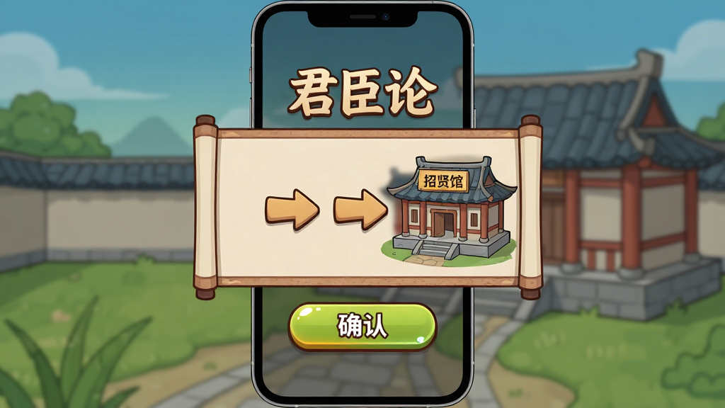 画面主体为“君臣论”游戏的新手引导界面截图风格示意图,布局为竖屏手机画面中央弹出提示框,排版上方为标题文字、中间为操作箭头指示、下方为确认按钮,风格为扁平化卡通国风,细节上箭头指向“招贤馆”建筑、提示框带卷轴边框、按钮有高光效果,画质干净无杂乱背景