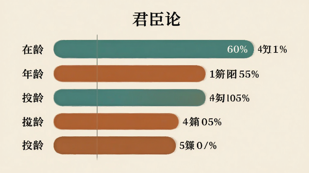 画面主体为“君臣论”玩家年龄分布柱状图,布局为横向柱状图居中排列,排版左侧为年龄段标签、右侧为柱形和百分比数字,风格为简洁信息图表风、配色采用古风青绿与赭石色搭配,细节上柱体带有圆角、数字清晰标注、背景为浅米色,画质干净无网格线干扰