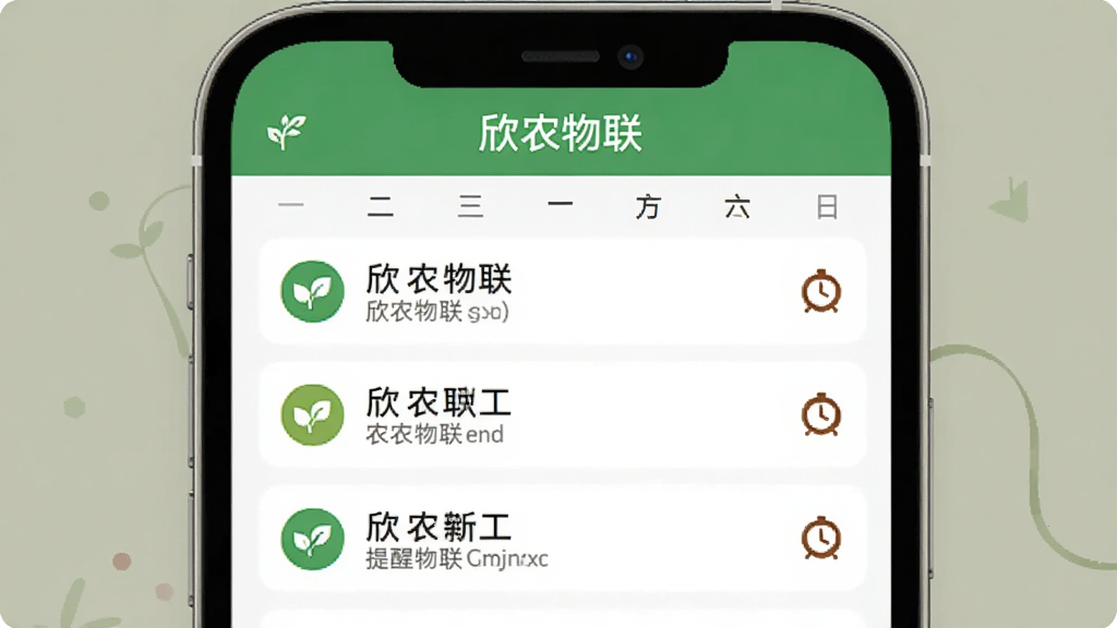 欣农物联App农事记录页面展示,手机屏幕内是日历形式的记录列表,每条记录带小图标和文字备注,旁边有一个提醒闹钟图标,屏幕上方显示“欣农物联”,整体布局清晰,风格现代扁平,画质干净无多余元素