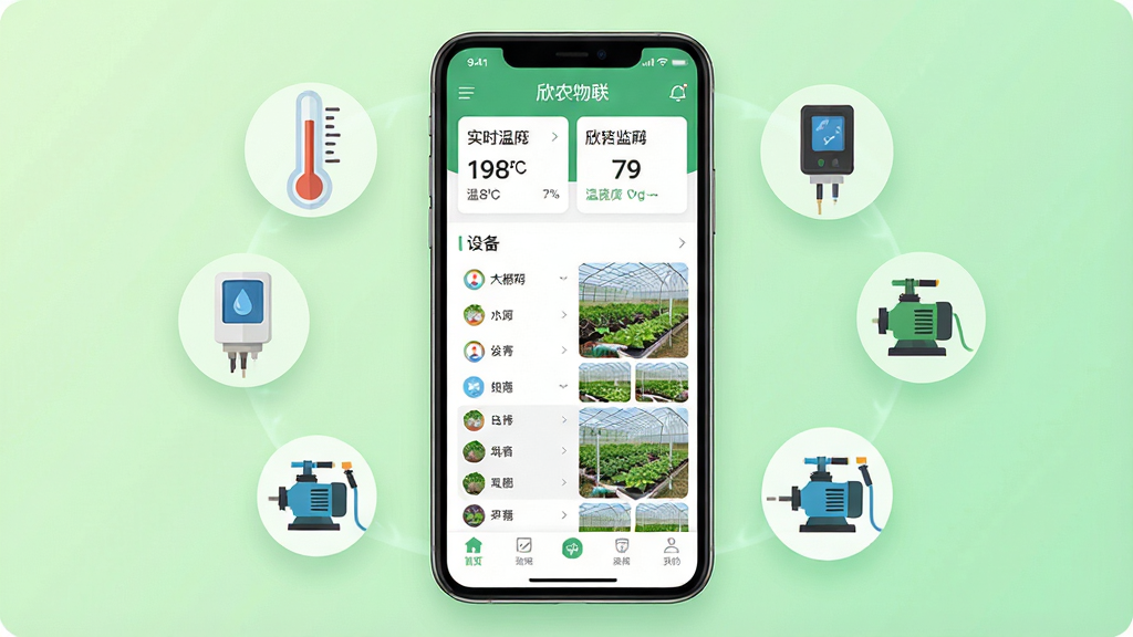 一张展示欣农物联App整体功能全貌的手机界面合成图,画面中央是手机屏幕,屏幕内显示欣农物联App首页,顶部有实时温湿度数据卡片,中间是设备列表和大棚监控缩略图,底部导航栏清晰,手机周围悬浮着温度计、湿度传感器、水泵图标等物联设备元素,背景是干净的浅绿色渐变,风格现代扁平化,画质清晰干净无多余元素