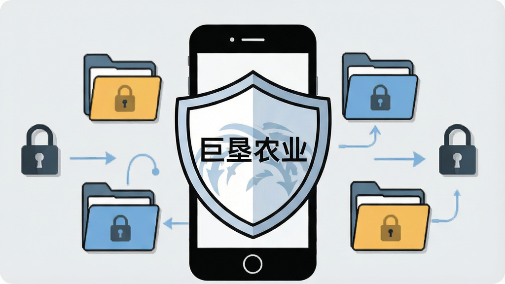 一张展示手机存储与数据安全的示意图,画面中央是手机图标和盾牌图标组合,标注“巨垦农业”字样,周围环绕数据文件夹和小锁图标,背景为浅灰色,风格简洁商务,线条干净利落,画质清晰