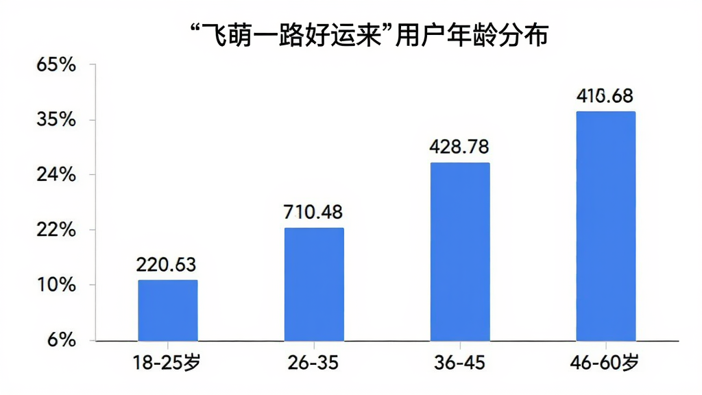 一张柱状图,展示“飞萌一路好运来”用户年龄分布,横轴为年龄段18-25岁、26-35岁、36-45岁、46-60岁,纵轴为用户占比百分比,柱体颜色为蓝色,数据标签清晰可见,背景为白色,风格简洁现代,画质干净无多余元素
