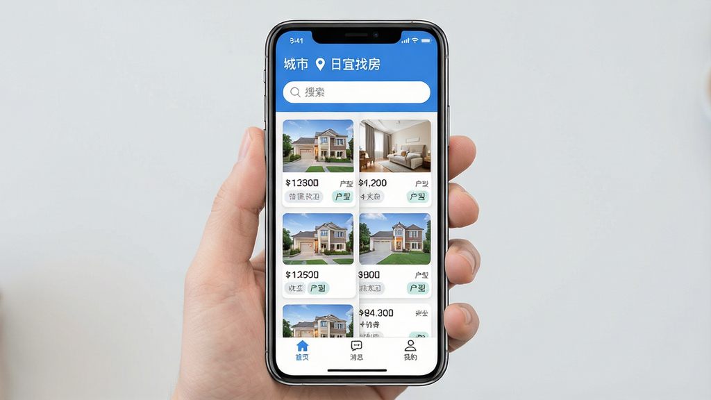 一张手机应用界面展示图,画面中央是“日宜找房”App的主页面,顶部显示城市定位和搜索框,中间是整齐排列的房源卡片列表,每张卡片上有房屋缩略图、价格和户型标签,底部是首页、消息、我的三个导航按钮,整体布局干净清爽,蓝白配色,风格现代扁平,画质清晰,无多余元素