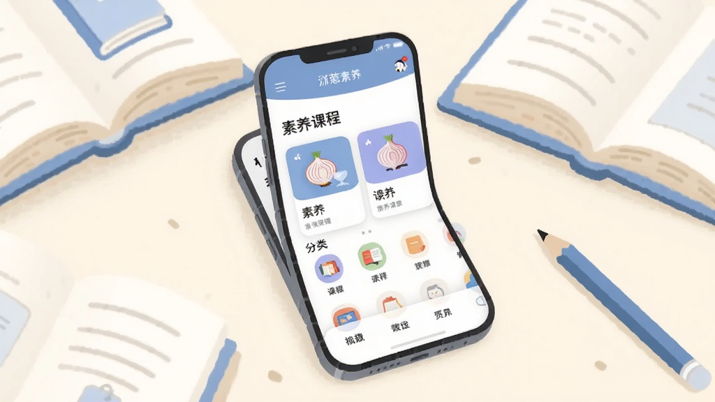 ������һ̨�ֻ���Ļ����Ļ����ʾ���������App����ҳ���棬�������������γ̿�Ƭ�ͷ���ͼ�꣬���ּ���������ֻ���Χɢ���ż����������鱾��һ֧Ǧ�ʣ���������͵��������������Ϊ�ִ���ƽ�廭�磬ɫ����ů�׺�ǳ��Ϊ����ϸ�ڸɾ�Բ�󣬻��������޶���Ԫ��