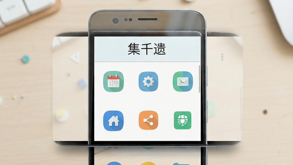 一张手机应用主界面截图风格图片,画面中央展示一部安卓手机,屏幕内是简洁的实用工具App界面,顶部有“集千遗”三个字,下方排列着几个功能图标,整体配色清爽,背景为浅色桌面环境,风格为扁平化UI设计,细节清晰,画质干净,无多余元素