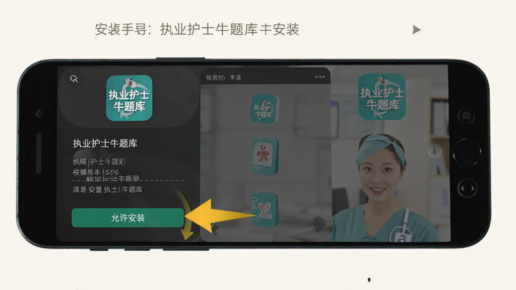 “执业护士牛题库”APP在安卓手机上的安装引导界面,手机屏幕显示权限设置页面和“允许安装”按钮,旁边有箭头指示操作步骤,背景为浅色,风格简洁明了,画质干净,屏幕中显示“执业护士牛题库”字样