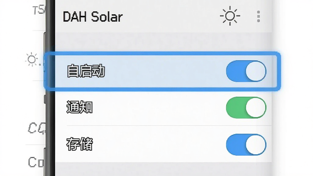一张手机设置界面的示意图,画面展示“DAH Solar”应用权限管理页面,高亮标注“自启动”“通知”“存储”三个开关选项,背景为浅灰色系统设置风格,画质干净,无多余文字