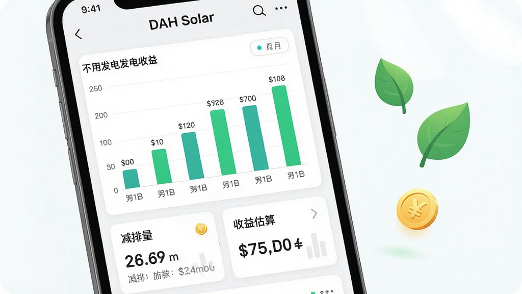 一张展示DAH Solar收益统计页面的手机界面图,屏幕内显示柱状图对比不同月份发电收益,下方有“减排量”“收益估算”文字卡片,画面右侧漂浮着绿色树叶和金币的小图标,风格清新明亮,画质干净,无多余装饰
