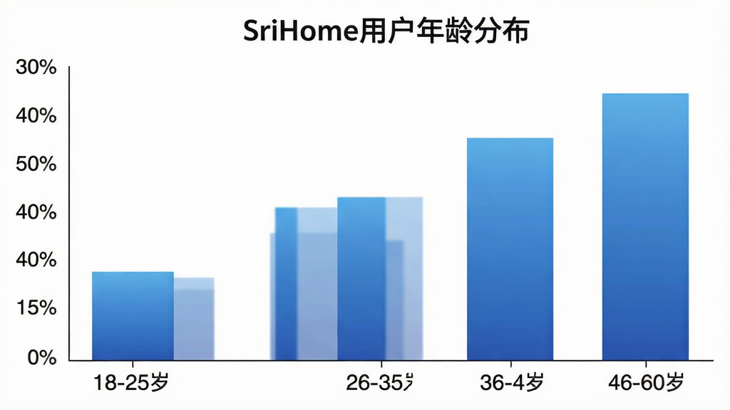 һ��չʾSriHome�û�����ֲ�����״ͼ������Ϊ�����18-25�ꡢ26-35�ꡢ36-45�ꡢ46-60�꣬����Ϊ�û�ռ�Ȱٷֱȣ���״ͼ��ɫΪ��ɫ���䣬ͼ������Ϊ��SriHome�û�����ֲ�����������ɫ����������ݿ��ӻ����������������ʸɾ����޶���Ԫ��