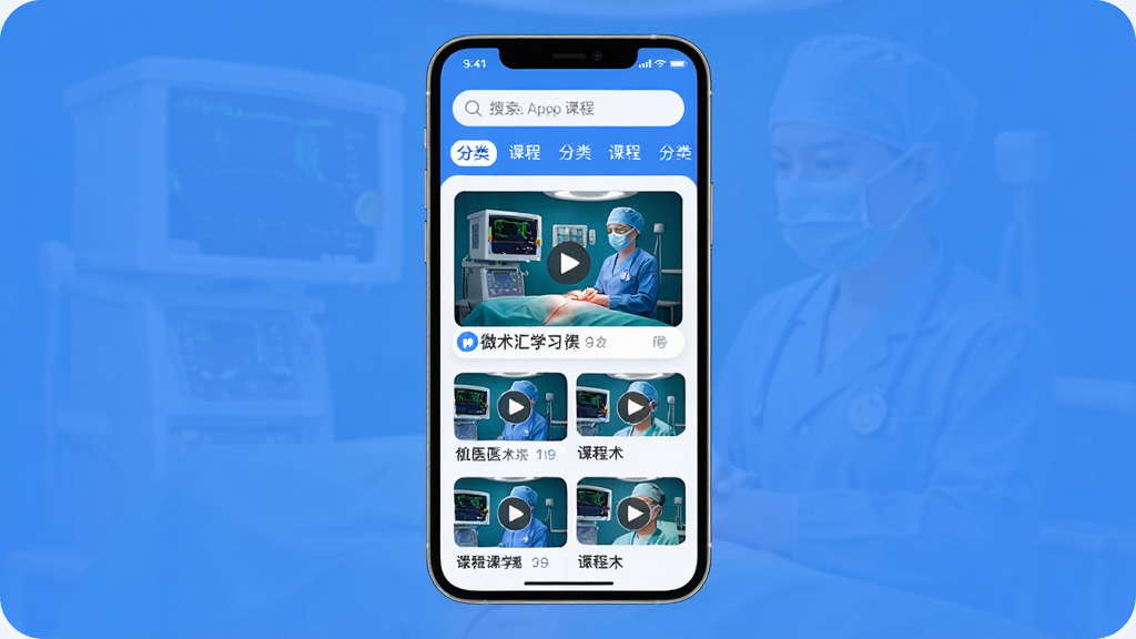 ΢ҽ��ѧϰApp������ȫòչʾ���ֻ���Ļ������ҽѧ�γ��б�ҳ�棬������������ͷ����ǩ���·�������������ѧ��Ƶ����Ϳγ̱��⣬������ɫ������ɫΪ��������ɾ���࣬����ִ���ƽ����ϸ��Բ�󣬻��������ɾ����޶���Ԫ��