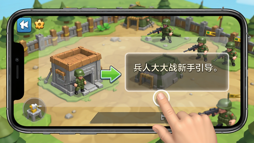 兵人大战新手引导界面截图,手机屏幕上显示玩具士兵指挥官正在教学,手指点击箭头指向兵营建筑,界面有半透明遮罩和文字提示框,背景是卡通军事基地,画风明亮清晰,布局简洁,画质干净