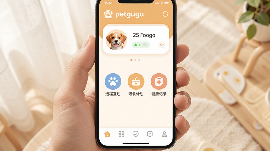 �ֻ���Ļ������ʾ�š�petgugu��Ӧ�õ������棬���沼�ּ�����죬�����ǳ���ͷ����״̬��Ƭ���м�������Զ�̻�����ιʳ�ƻ���������¼����Բ�ι���ͼ�꣬�ײ��ǵ�������������ƫůɫ�����ɾ���ˬ������ϸ���޶���Ԫ��