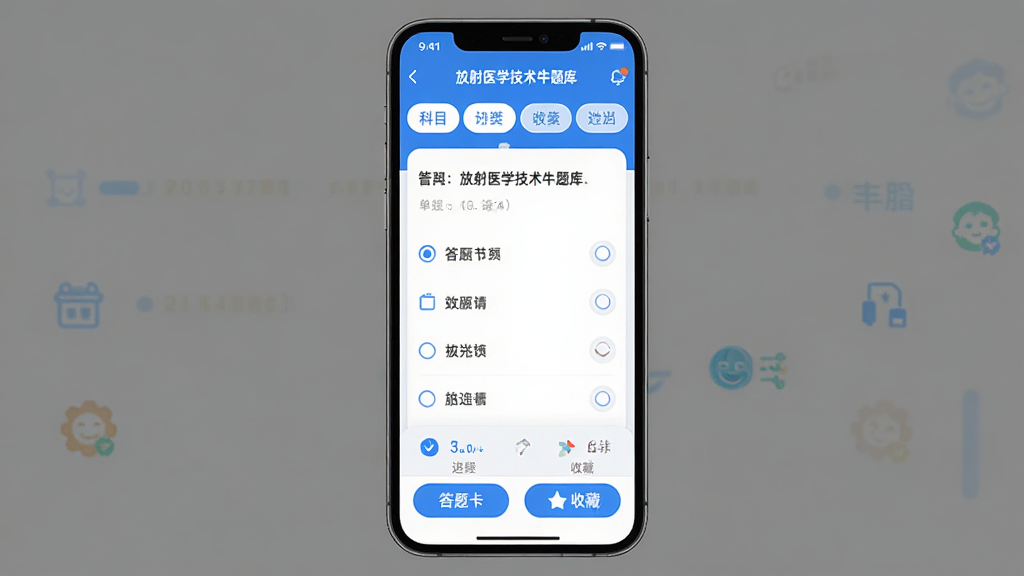 ����Ϊһ���ֻ���Ļչʾˢ��Ӧ�ý��棬��Ļ�����Ƿ���ҽѧ����ţ���Ĵ���ҳ�棬�Ϸ��п�Ŀ�����ǩ���м��ǵ�ѡ����ɺ��ĸ�ѡ��ײ��д��⿨���ղذ�ť������Ϊ�����ֻ�����չʾ���Ű������������Ϊ�ִ���ƽ��������App��ƣ�ϸ���ϲ���������ɫ��Բ�ǿ�Ƭ���������ʹ���ͳ��Сͼ�꣬���ʸ���ɾ��޶���Ԫ��