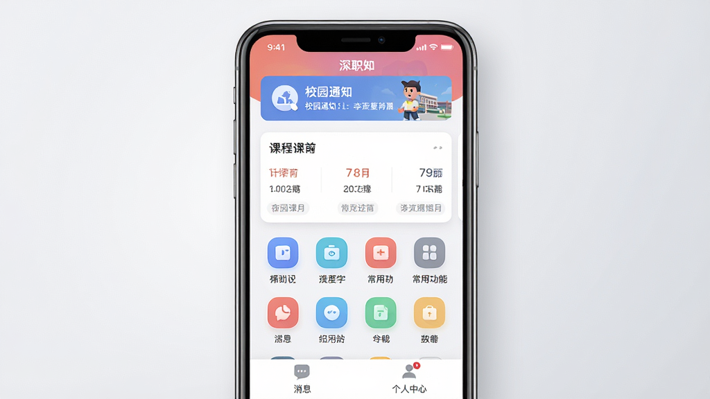 一张展示i深职App首页界面的手机样机图,主体为居中放置的智能手机,屏幕内呈现i深职App首页,顶部显示校园通知横幅,中部为课表卡片和常用功能图标网格,底部为消息与个人中心入口,布局采用居中对称排版,风格为现代扁平化设计,细节包含圆角图标、柔和阴影和清晰的文字标签,画质干净清晰,背景为浅灰色渐变,无多余元素