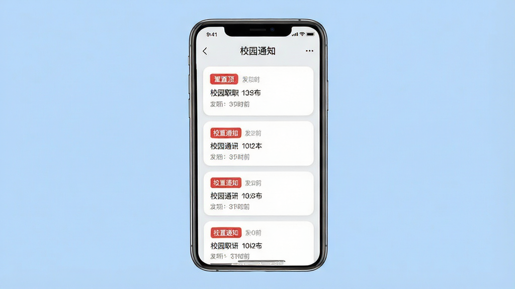 一张展示i深职App校园资讯页面的手机截图样机图,主体为一部手机,屏幕内显示资讯列表,顶部有“校园通知”标题栏,列表项包含置顶红色标签和发布时间,排版为纵向单列卡片式布局,风格简洁清爽,细节为白色卡片配浅灰背景、圆角边框和清晰文字层级,画质干净无噪点,背景为纯色浅蓝,无多余元素