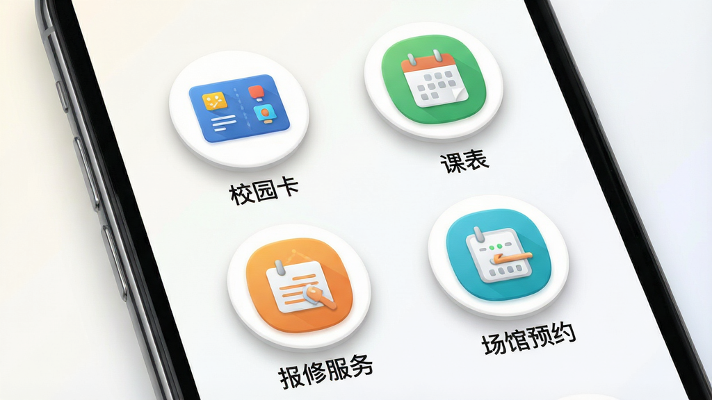 一张展示i深职App功能聚合页面的手机样机图,主体为手机屏幕特写,屏幕内以图标网格形式排列校园卡、课表、场馆预约、报修服务四个功能入口,每个图标下方配有中文标签,布局为两行两列居中排列,风格为扁平化拟物结合,细节为彩色图标配白色圆形底、柔和投影和清晰文字,画质干净明亮,背景为浅色渐变,无多余元素