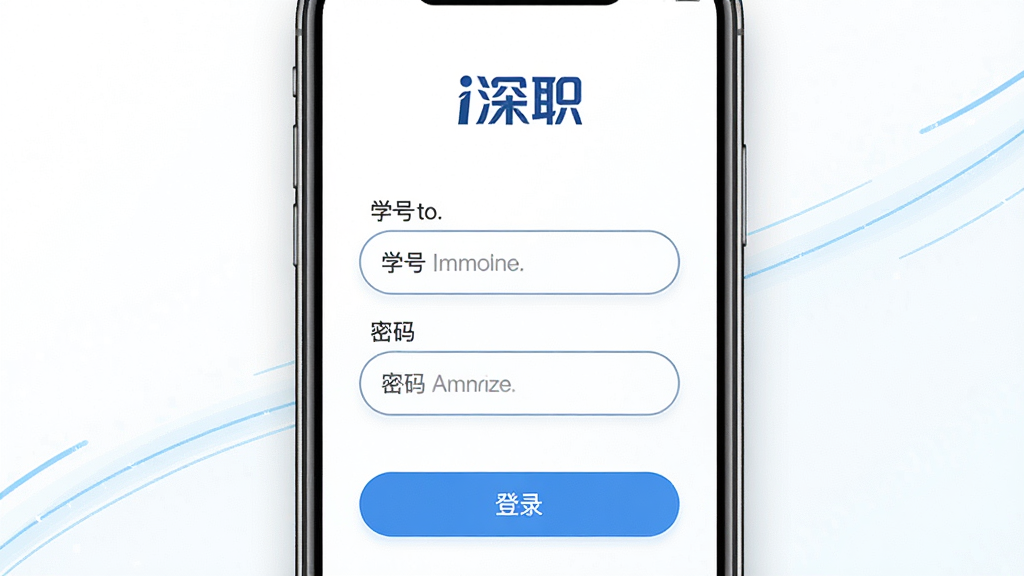 一张展示i深职App登录页面的手机样机图,主体为手机屏幕,屏幕内显示学号输入框、密码输入框和登录按钮,顶部有i深职Logo,布局为居中纵向排列,风格为简约校园风,细节为蓝色主按钮、圆角输入框和清晰占位提示文字,画质干净清晰,背景为白色配浅蓝装饰线条,无多余元素