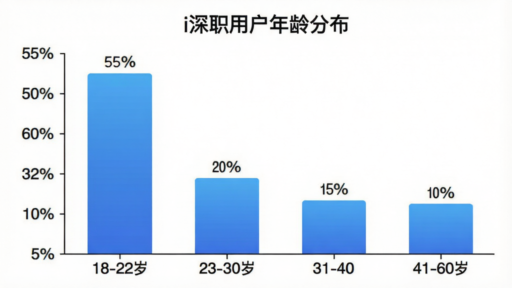 一张柱状图展示i深职用户年龄分布,横轴为年龄段18-22岁、23-30岁、31-40岁、41-60岁,纵轴为用户占比百分比,柱体分别为55%、20%、15%、10%,布局为居中柱状图配标题“i深职用户年龄分布”,风格为扁平化数据可视化,细节为蓝色渐变柱体、清晰坐标轴标签和百分比标注,画质干净简洁,背景为白色,无多余元素
