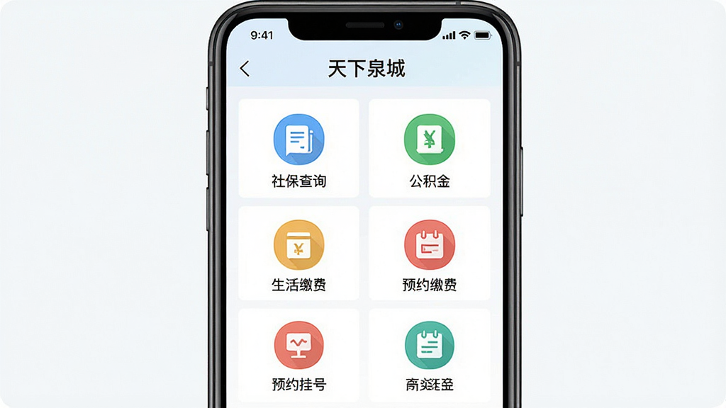 һ��չʾ������Ȫ�ǡ�App���������ҳ���ͼƬ����������Ϊ�ֻ���Ļ����Ļ���Թ���ͼ����ʽ�����š��籣��ѯ�����������𡱡�������ɷѡ�����ԤԼ�Һš��ȷ�����ڣ�ͼ����Ʊ�ƽ������������˵���������ɾ����࣬���ͳһ�����������������޶���װ��