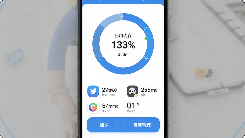 智效快速清理APP内存加速功能界面,手机屏幕显示内存占用环形图,中间标注已用内存百分比,下方列出正在运行的应用图标和各自占用的内存数值,底部有加速按钮和自启管理入口,界面风格扁平化设计,蓝色主色调,布局清晰,画质干净