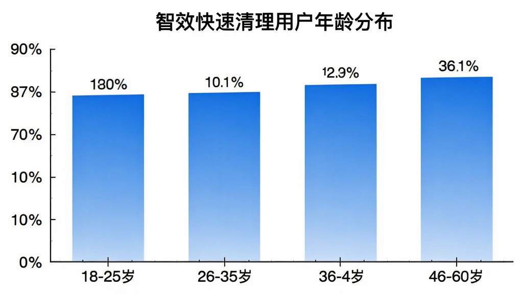 智效快速清理用户年龄分布柱状图,横轴标注18-25岁、26-35岁、36-45岁、46-60岁四个年龄段,纵轴为用户占比百分比,柱状图颜色为蓝色渐变,每个柱子上方标注具体百分比数值,背景干净白色,图表标题为智效快速清理用户年龄分布,画质清晰无多余元素