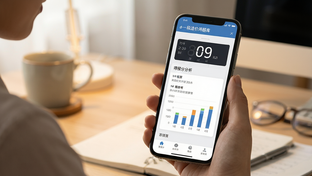 一级造价师题库软件 真题模考界面 计时器 答题卡 得分分析图表 手机屏幕 学习场景 光线柔和 画质干净 无多余元素