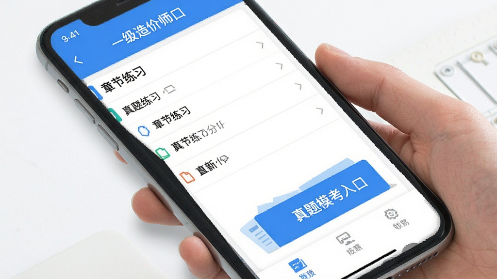 一级造价师题库软件 手机屏幕展示 主界面 章节练习列表 真题模考入口 蓝色清爽配色 扁平化设计 细节清晰 画质干净 无多余元素