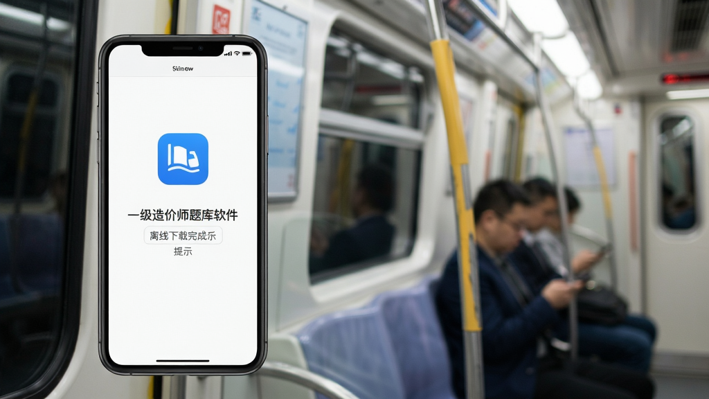 一级造价师题库软件 离线下载完成提示 手机屏幕 地铁通勤场景 简洁界面 蓝色图标 画质干净 无多余元素