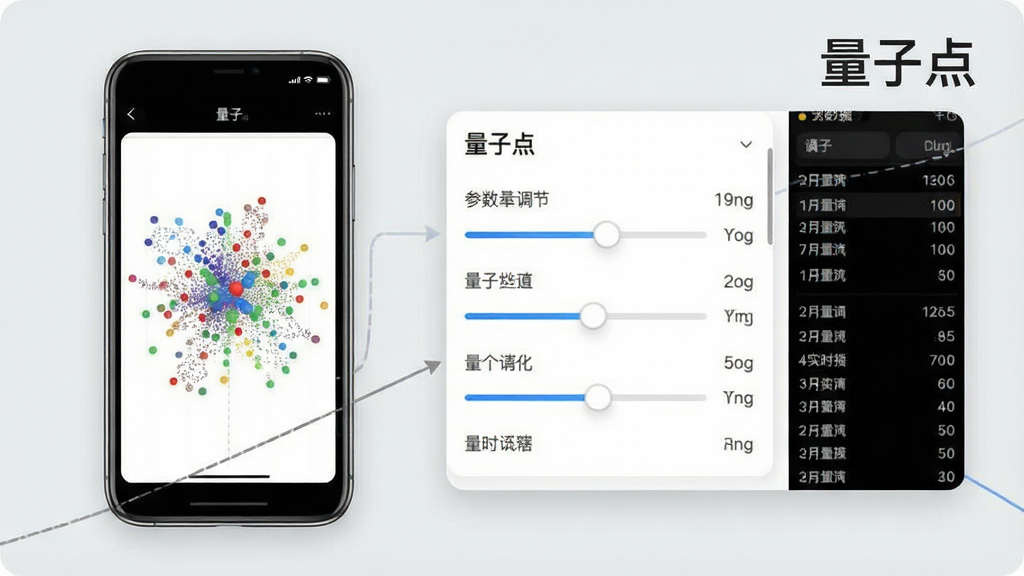 一张量子点软件功能展示图,画面左侧是手机屏幕显示粒子模拟界面,右侧放大展示参数调节滑块和实时数据面板,背景为浅灰色,风格简洁现代,文字标注