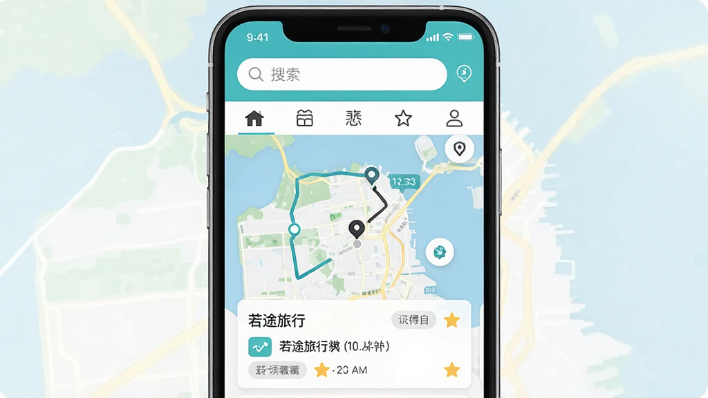 һ���ֻ�Ӧ�ý���չʾͼ������Ϊ����;���С�App��ҳ�棬���־�����ʾ��ͼ���г̿�Ƭ��������������ͷ���ͼ�꣬������±�ƽ����ϸ�ڰ���·�߽ڵ㡢ʱ���ǩ���ղ��Ǳ꣬���ʸɾ��������޶���Ԫ��