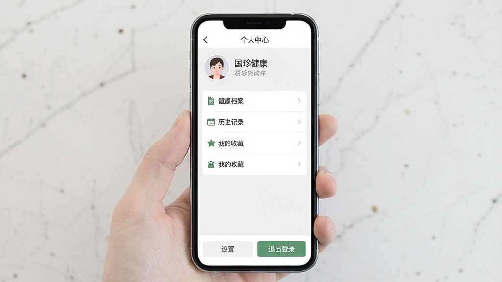 һ���ֻ�Ӧ�ø������Ľ����չʾͼ��������һ���ֻ���Ļ��ʾ�����佡����App�ĸ�������ҳ�棬�������û�ͷ����ǳƣ��в�Ϊ������������ʷ��¼���ҵ��ղصȹ����б����ײ�Ϊ���ú��˳���¼��ť�����ֹ�����������ƽ����ɫ�԰�ɫ��ǳ��Ϊ�������ʸɾ����޶���Ԫ��