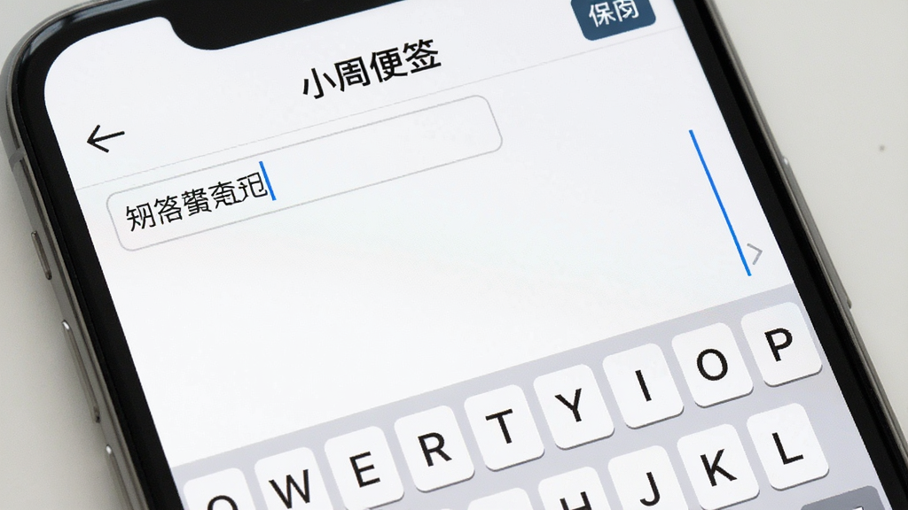 һ���ֻ�������дͼ��չʾ��С�ܱ�ǩ���ı༭ҳ�棬��ɫ�����������з��ؼ�ͷ�ͱ��水ť���м��Ǳ������������ı༭���������˸���ײ����̵���������ɾ����࣬����ִ���ƽ�������������޶���Ԫ��