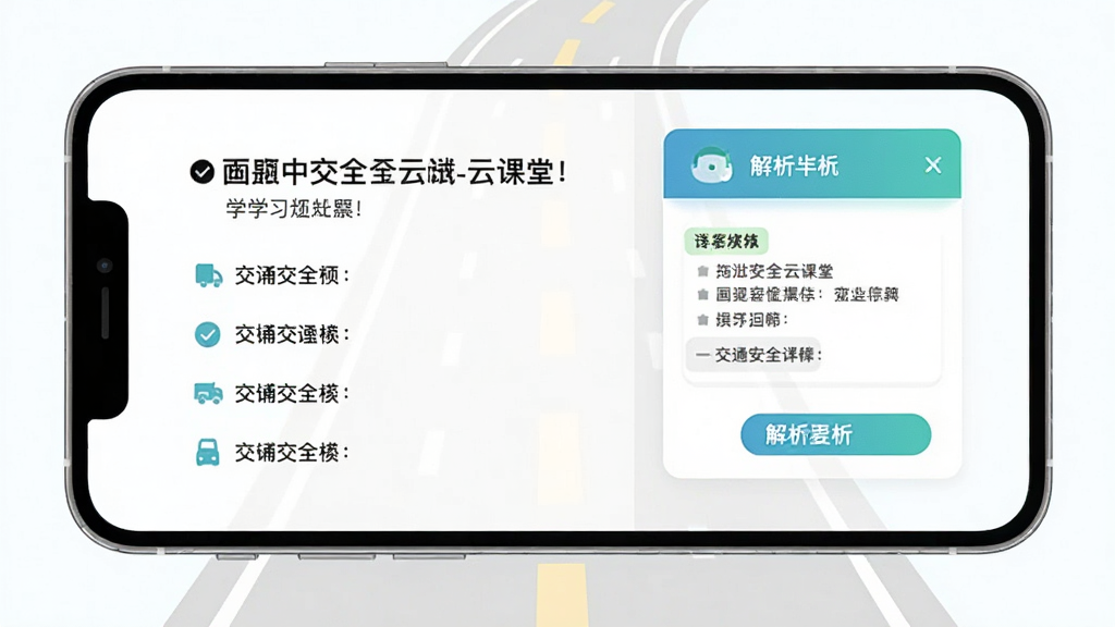 ��ͨ��ȫ�ƿ���ѧϰ���棬������һ���ֻ�����չʾ����ҳ�棬��Ļ�������Ŀ��ѡ��Ҳ��ǽ�����Ƭ�������е����ĵ�·����ͼ���������ˬ��ƽ�����ʸɾ��޶���Ԫ��