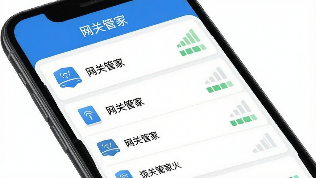 一张展示“网关管家”应用内网络设备列表界面的图片,主体为手机屏幕,屏幕中清晰排列着多个设备图标和名称列表,旁边配有信号强度指示条,布局为上下结构,顶部有“网关管家”标题栏,风格简洁现代,蓝白配色,画质干净无多余元素