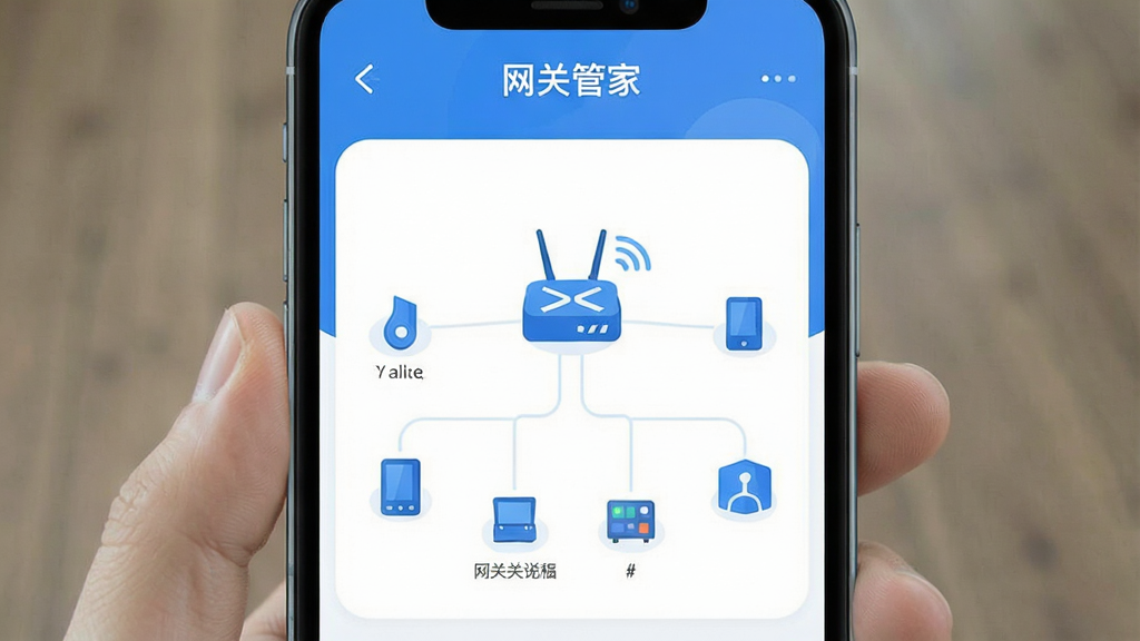 一张展示“网关管家”应用核心界面的图片,主体为手机屏幕,屏幕上显示着简洁的网络拓扑结构图,包含路由器图标和多个已连接设备的小图标,布局清晰居中,采用蓝白为主的现代扁平化风格,细节圆润,画质干净无多余元素,屏幕中带有“网关管家”文字标识