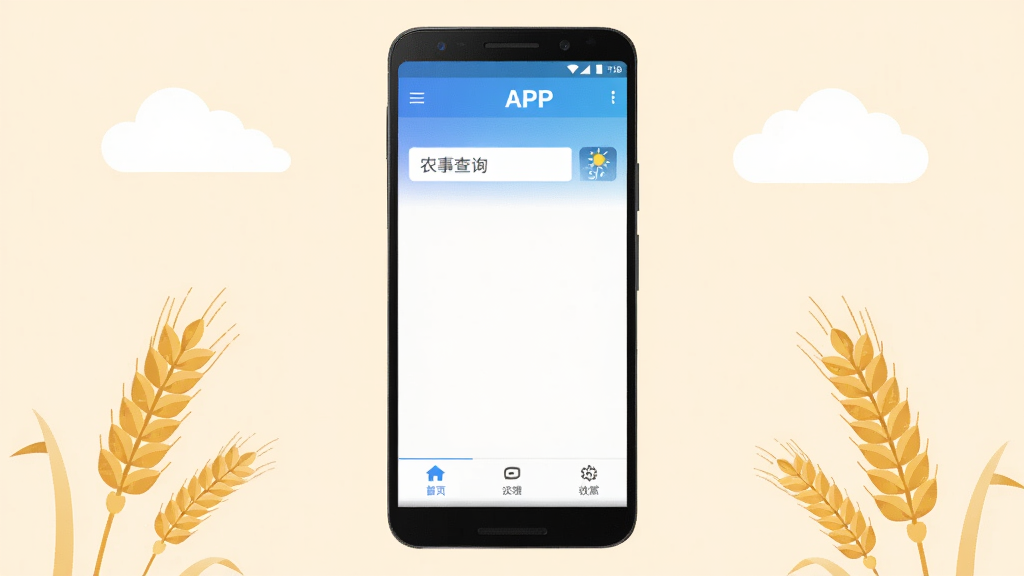 �ֻ�Ӧ���̵�չʾҳ���һ����׿�ֻ���Ļ������ʾũ̧ͷAPP�����棬���涥��Ϊ��ɫ���䵼�������м���ũ�²�ѯ����������ͼ�꣬�ײ����������ѡ����ֻ���Χɢ��������ƶ�ı�ƽ���廭������Ϊǳ��ɫ����������ˬ�ִ������ʸɾ��޶���Ԫ��