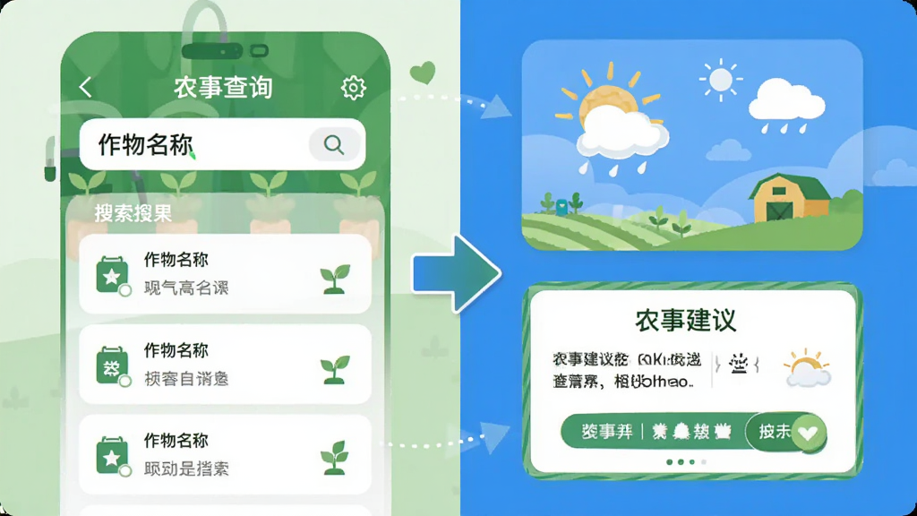 ũ̧ͷAPP����չʾͼ�������Ϊ���������֣������ũ�²�ѯ���������ʾ�������ƺ���������б����Ҳ���������Ƭ��ũ�½�����ʾ���м��ü�ͷ���ӱ�ʾ����������������ñ�ƽ���廭�����ɫ����ɫ����ɫΪ�������������ɾ�