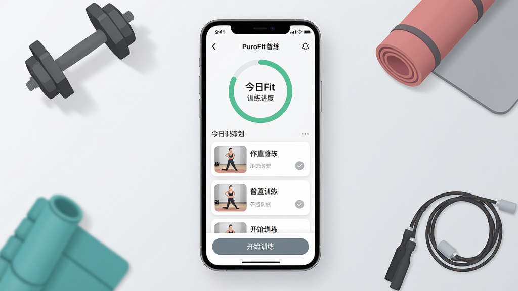 一张展现PuroFit普练应用核心界面的手机样机图,画面中央是一部竖屏手机,屏幕内显示PuroFit普练的今日训练计划页面,上方是醒目的训练进度圆环,中间是带缩略图的动作卡片列表,底部是开始训练按钮,背景为浅灰渐变,周围点缀哑铃、瑜伽垫、跳绳等健身元素,风格现代扁平,细节圆润,画质干净清晰,无多余元素