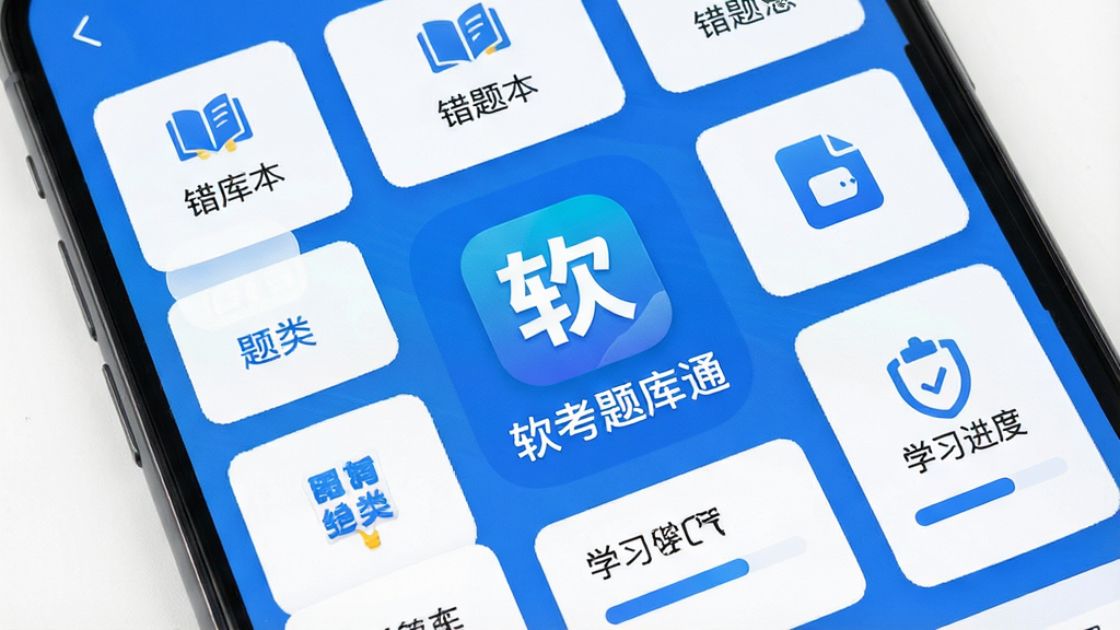 一张手机屏幕展示软考题库通应用主界面的图片,画面中央是应用图标和名称“软考题库通”,周围环绕着题库分类卡片、错题本图标、学习进度条等元素,布局清晰,风格简洁现代,蓝白配色为主,细节干净,画质清晰,无多余装饰