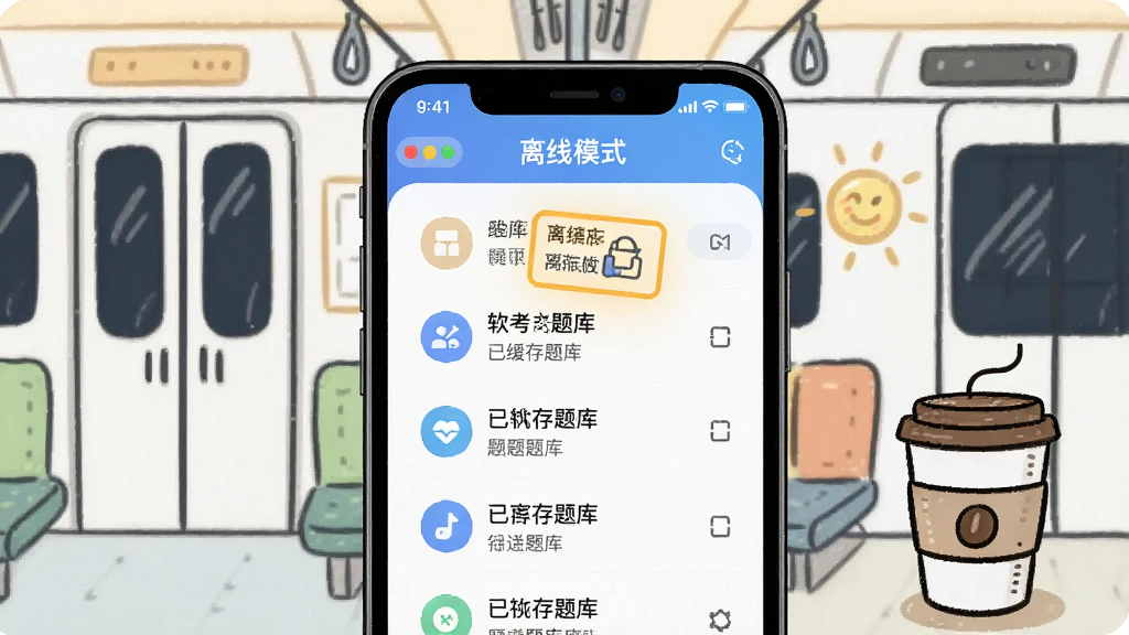 一张软考题库通离线刷题功能的示意图,画面中手机屏幕显示“离线模式”标识和已缓存题库列表,背景有地铁车厢和咖啡杯的简笔画元素,整体风格轻松明快,布局简洁,画质清晰