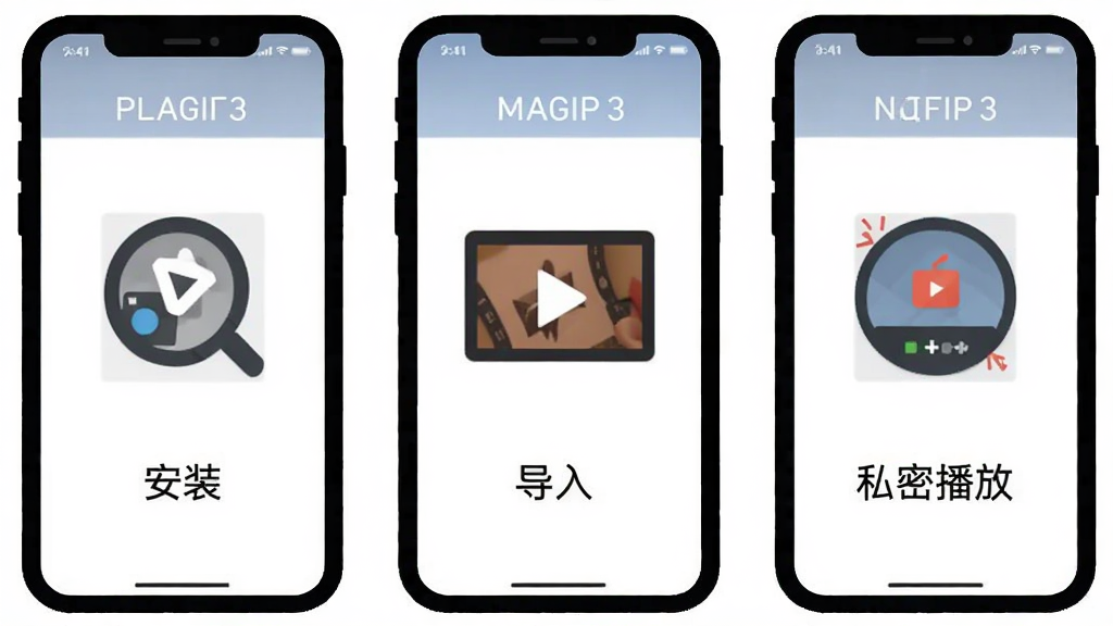 秘密播放play新手操作流程图解,画面以手机屏幕形式展示从安装到导入视频再到私密播放的三个步骤,每一步用简洁图标和短文字标注,整体排版清晰,风格扁平化教程风,画质干净无杂乱元素