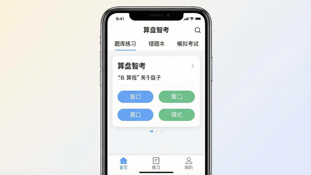 һ���ֻ�Ӧ�ý���չʾͼ������������һ���ִ������ֻ�����Ļ����ʾ�������ǿ���App�������棬�����С������ϰ�������Ȿ����ģ�⿼�ԡ�������ǩ���м�����������Ŀ��Ƭ��ѡ�ť���ײ��ǡ���ҳ������ϰ�����ҵġ���������ͼ�ꡣ���岼�ּ����ˬ������ִ���ƽ����ϸ��Բ�󣬻��ʸɾ����޶���Ԫ�أ�����Ϊǳɫ���䣬ͻ����������ȫò��