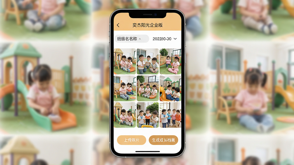 一张展示“奕杰阳光企业版”班级相册功能的图片,画面主体为手机屏幕,屏幕内呈现相册页面,顶部显示班级名称和日期筛选栏,中间为九宫格照片墙,照片内容为幼儿园活动场景,下方有“上传照片”和“生成成长档案”两个按钮,布局上下结构,排版疏密有致,风格为温暖明亮的扁平化设计,细节柔和,画质干净,无多余元素