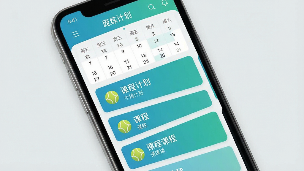 һ��չʾ�Ӳ����˶�APP���Ի�ѵ���ƻ����ܵ�ͼƬ������Ϊ�ֻ���Ļ����Ļ����ʾ��ѵ���ƻ������Ϳγ̿�Ƭ�б�������Ϊ��������ͼ���·��γ̿�Ƭ�������У��Ű������в�Σ����Ϊ�����˶���APP������ϸ���Ͽ�Ƭ������ͼ������Ŀγ����ơ���ɫ�������̴��䡢����Ϊǳ��ɫ�����ʸ���ɾ��޶���Ԫ��