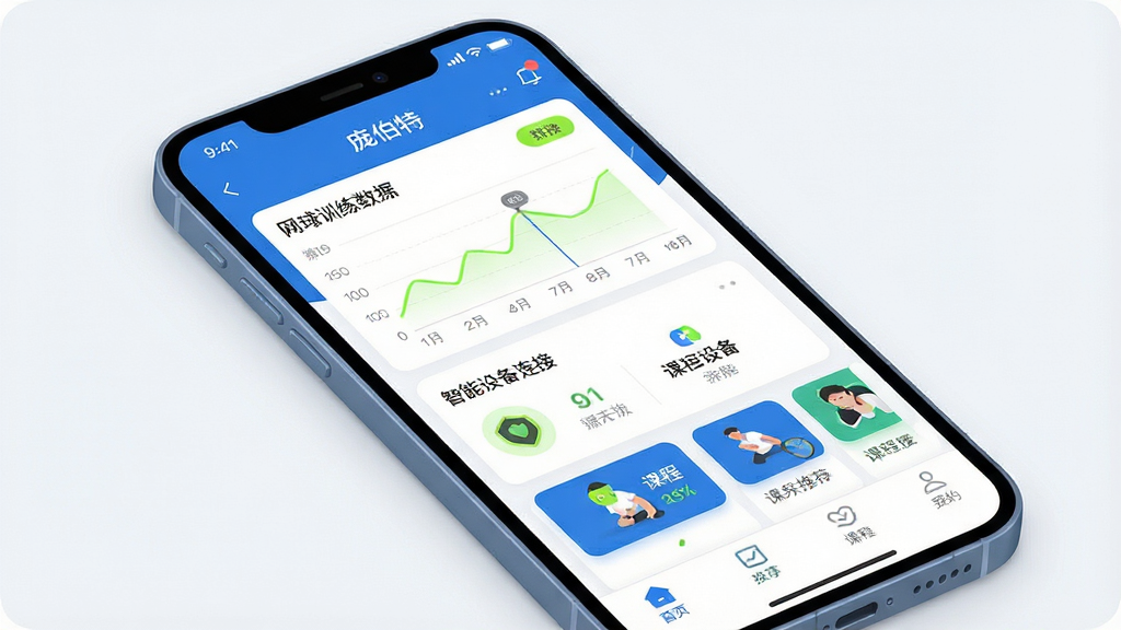 һ��չʾ�Ӳ����˶�APP����ȫò��ͼƬ������Ϊһ�������ֻ���Ļ����Ļ����ʾ���Ӳ����˶�APP�������棬��������ѵ������ͼ���������豸����״̬�Ϳγ��Ƽ���Ƭ������������Ϊ����״̬�����в����ݿ��ӻ�����͵ײ����������Ű�������½ṹ�����Ϊ�ִ��Ƽ��б�ƽ����ƣ�ϸ�����ֻ��߿�Բ�󡢽�������Ϊ���ġ���ɫ������Ϊ������ӫ���̵�׺�����ʸ���ɾ��޶���Ԫ��