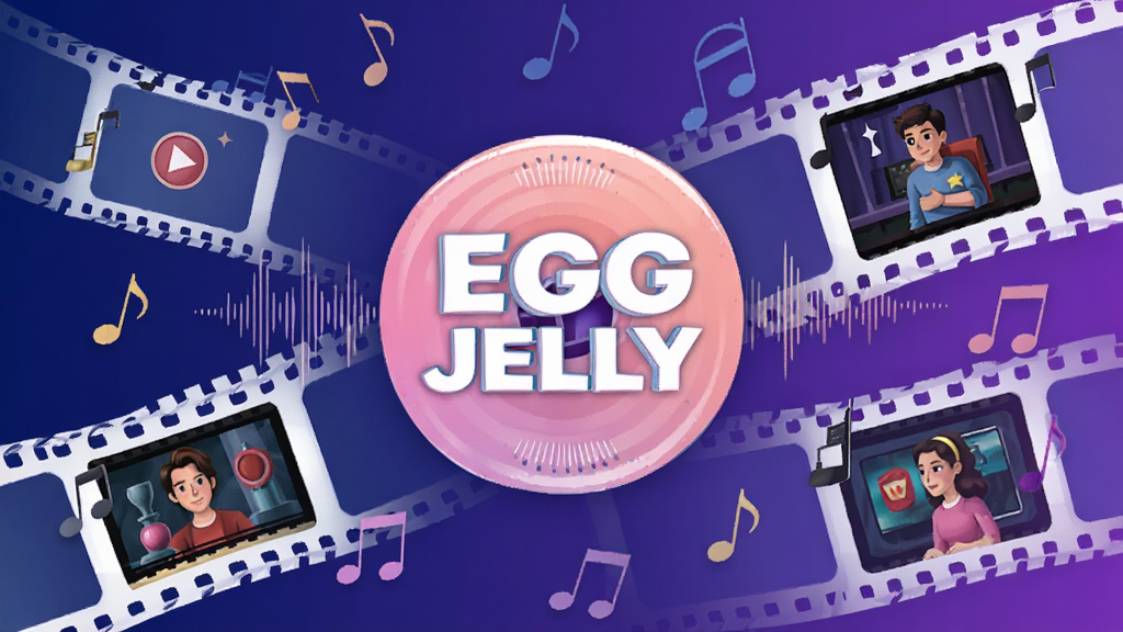�ֻ�Ӧ�ý���չʾ��������EGGJELLY�ĳ�Ƭ���Բ��Logo����Χ���Ƶ�Ӱ��Ƭ�������͵��Ӿ糡������ͼ������Ϊ��������ɫ�Ľ��䣬���ּ���ִ�������ƽ���廭��ϸ�ڰ����������������������ɾ����޶���Ԫ��