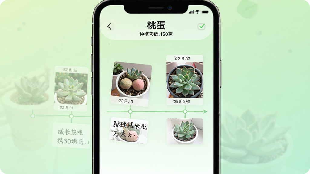 һ������App�ɳ���¼ҳ��Ľ�ͼʾ�⣬�������ֻ���Ļ��չʾ��һ�����ֲ��ĳɳ�ʱ���ᣬʱ�����������Ų�ͬ���ڵ���Ƭ����ͼ�����ּ�¼��������ʾֲ�����ơ��ҵ�������ֲ����������Ϊ����ɫ���䣬������¼�࣬���ʸɾ��޶���Ԫ��