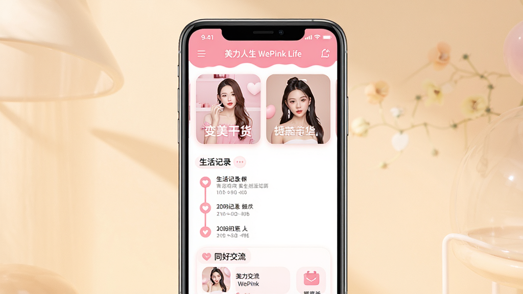 一张展示“美力人生 WePink Life”应用核心界面的手机样机图,画面中央是手机屏幕,屏幕内显示粉色系女性社区首页,顶部有“美力人生 WePink Life”字样,页面布局包含变美干货卡片、生活记录时间线和同好交流入口,背景为柔和暖色调,风格清新现代,细节圆润,画质干净无多余元素